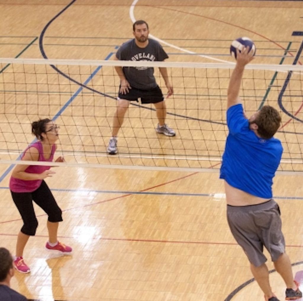 Adults playing volleyball
