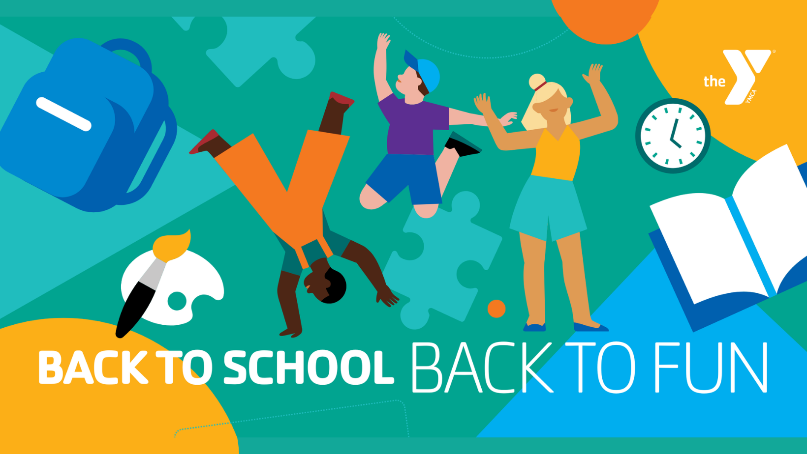 A brightly colored graphic with three figures, doing a cartwheel, jumping, and raising arms with the tech Back to School Back to Belonging overlaid.