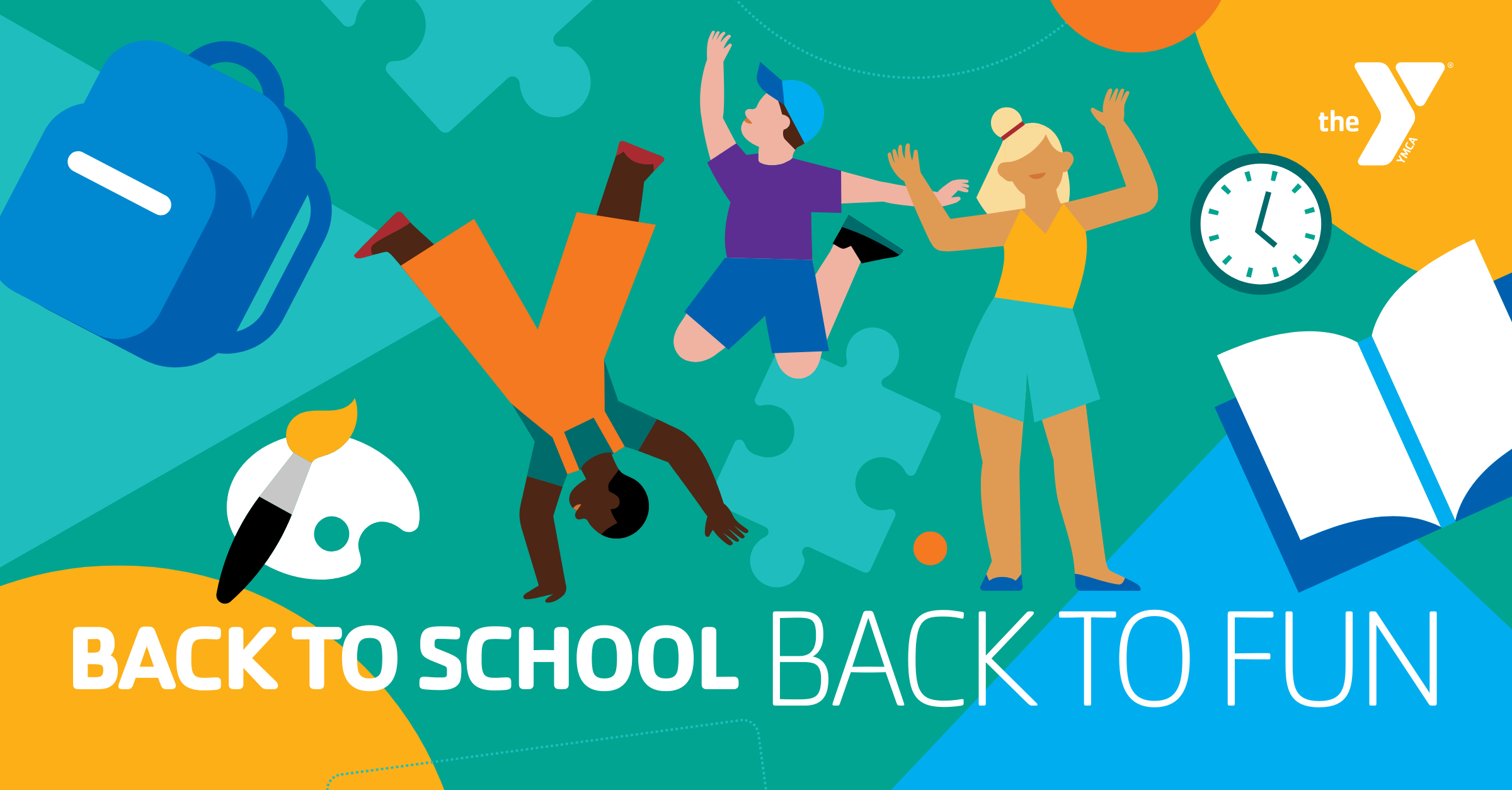 A brightly colored graphic with three figures, doing a cartwheel, jumping, and raising arms with the tech Back to School Back to Belonging overlaid.